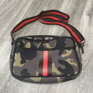 Hadley Neoprene Crossbody Camo Neoprene Fabric Black Red Crossbody Strap
